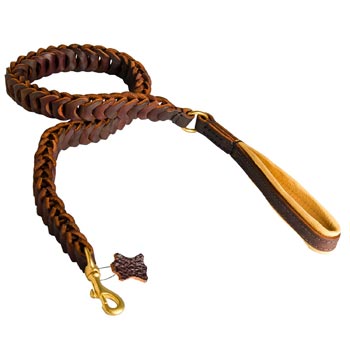Braided Leather Boxer Leash with Padding on Handle