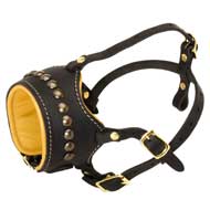 Open Nose Studded Leather Boxer Muzzle With Nappa Padding  Open Nose Studded Leather Boxer Muzzle With Nappa Padding