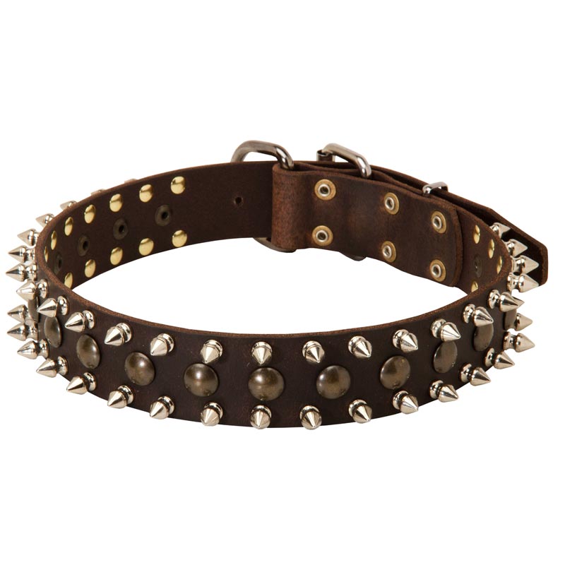 3 Rows Leather Spiked and Studded Boxer Collar